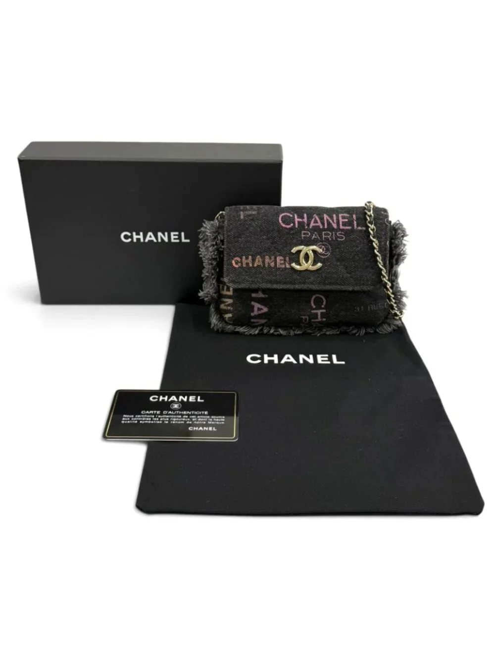 Chanel CC Logo Mini Quilted Denim Leather Chain Fringe Shoulder Bag Black